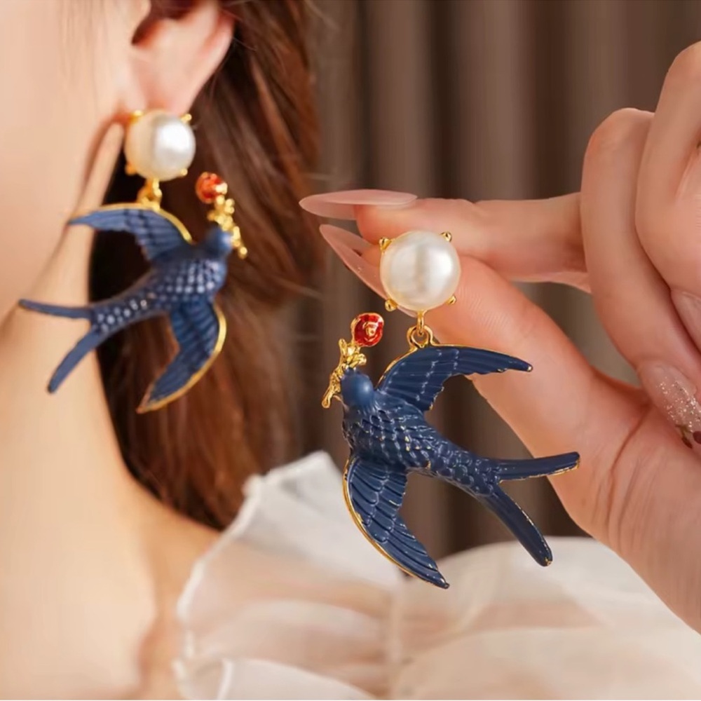 Anthropologie Blue Bird Earrings with Pearl and Gold Details